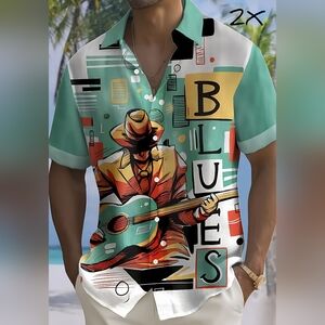 Mens button front 'Blues' short sleeve shirt, 2X, new
